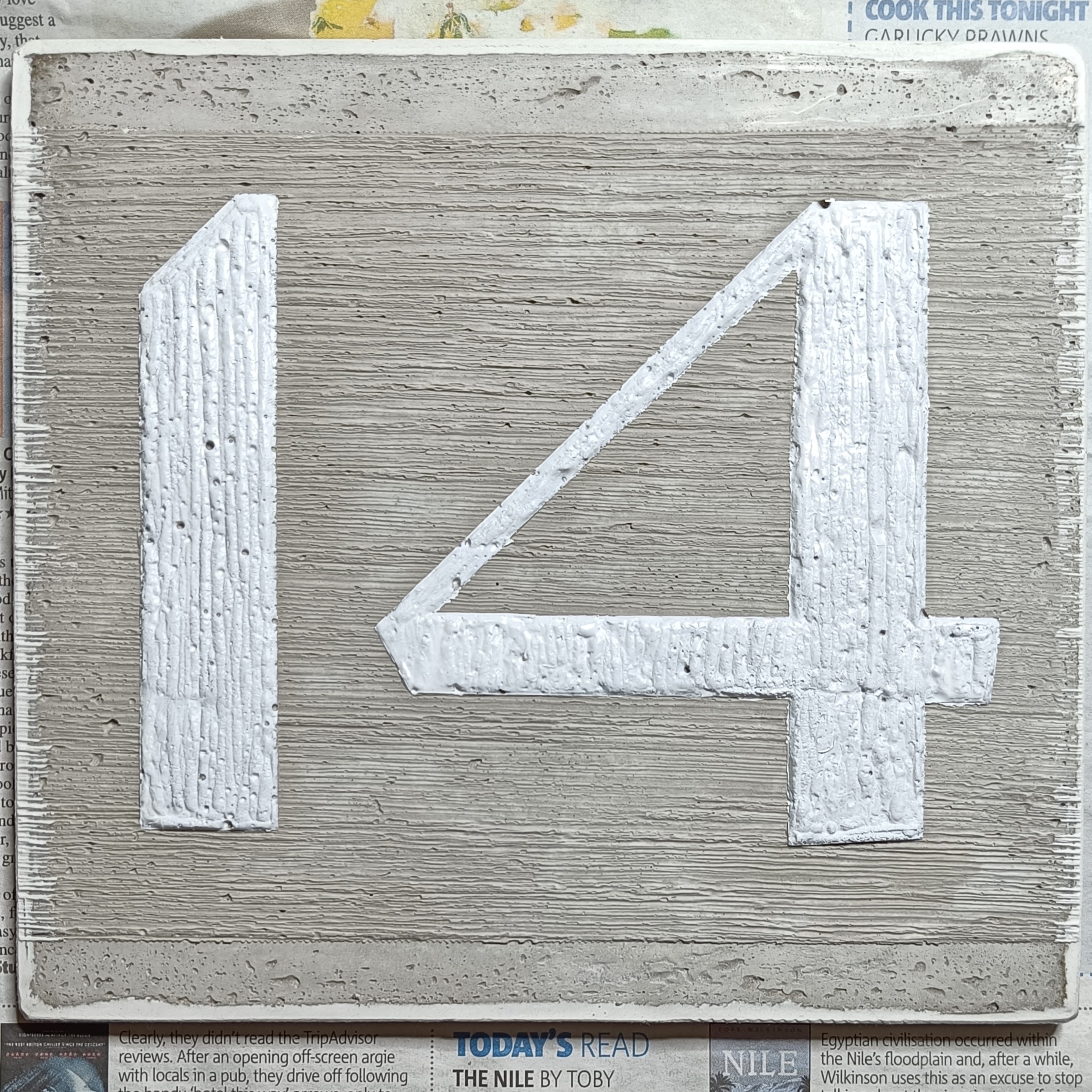 a concrete plaque showing a number 14. The background of
  the plaque is a horizontal woodgrain texture. The number 14
  has been painted white, and is slightly raised up and has a
  contrasting vertical and slightly bubbly texture.