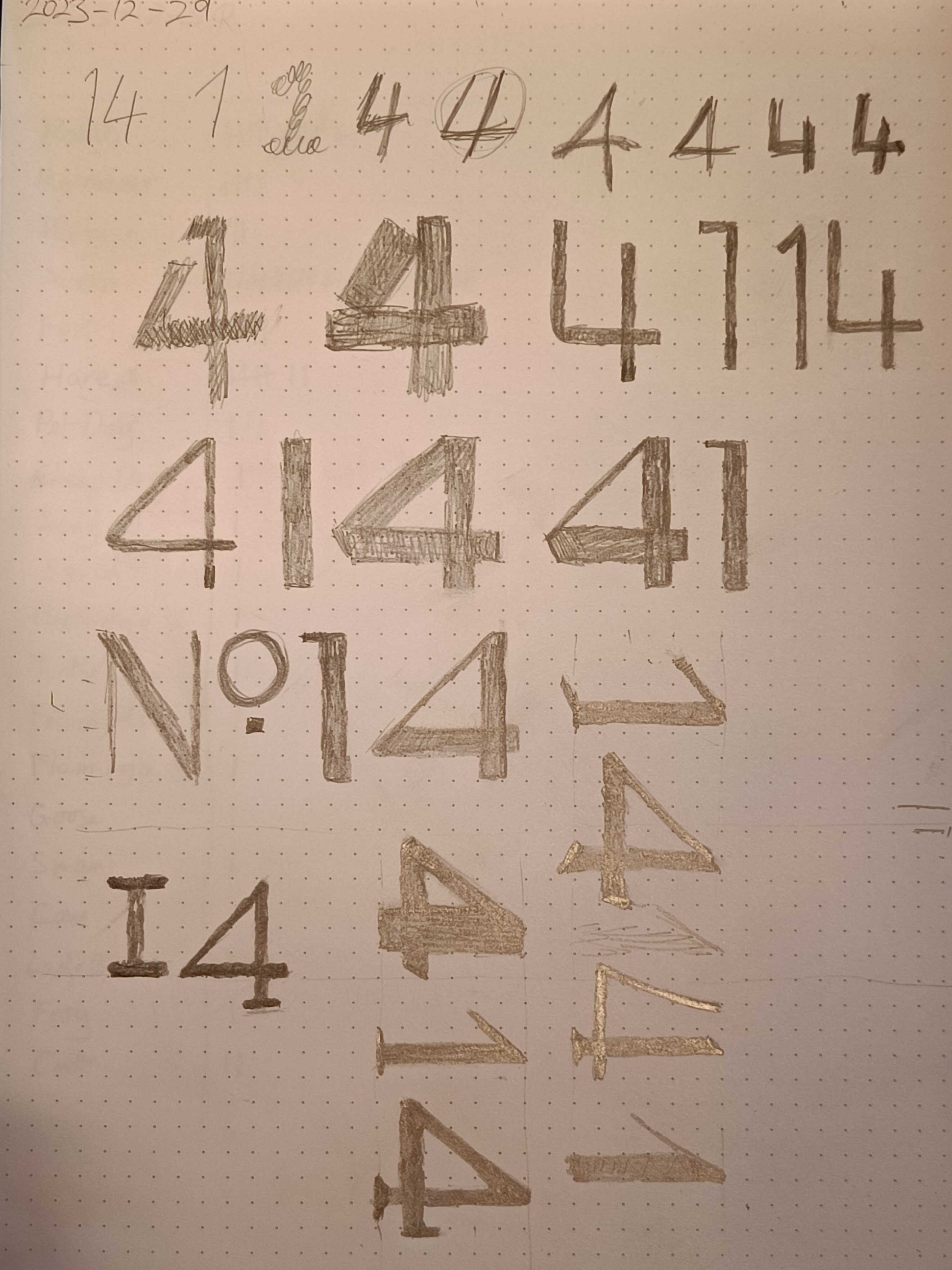 A haphazardly arrange series of sketches of the numbers 1
  and 4; sometimes in similar styles, sometimes not. At some
  point i started drawing sideways.