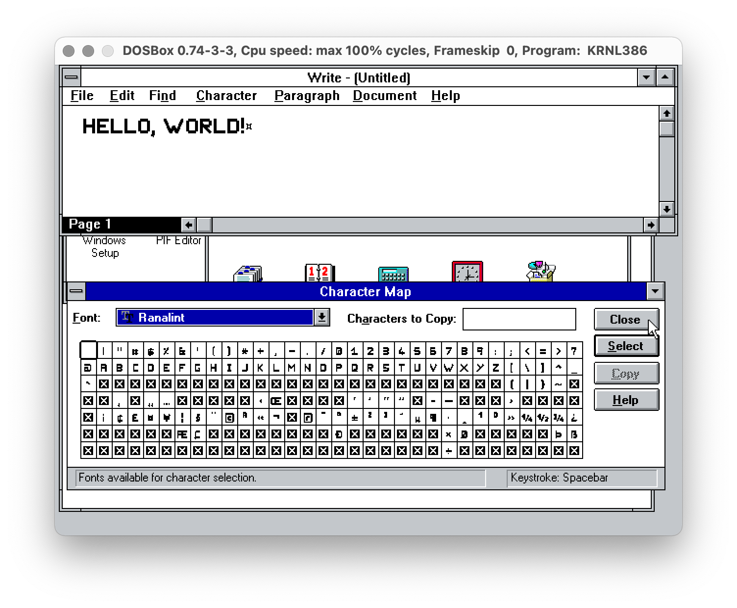 A screenshot from an emulated Windows 3.1 showing a
  sample of Ranalina font and its Character Map.