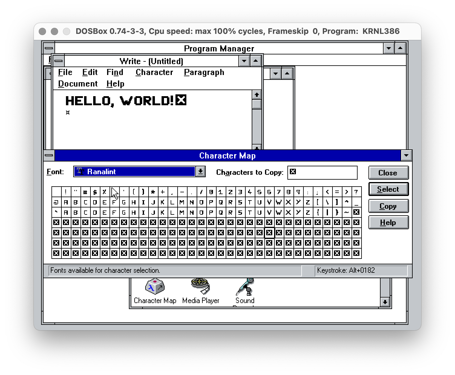 A screenshot showing a sample of Ranalina font and its
  Character Map; it is clear in the Character Map that the
  entire bottom portion (after «~», at ASCII position 0x7E) is
  not available and is showing the `.notdef` glyph.